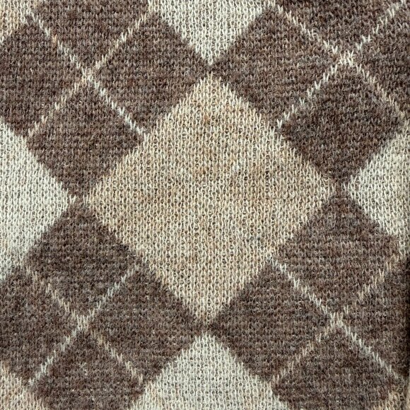 VINTAGE 70s Argyle Indie Grunge Grandpa Tan Brown Cardigan Sweater M/L - Picture 9 of 12